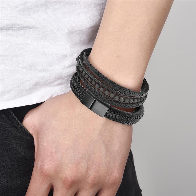 2pcs/set Black Leather Bracelets Men Natural Stone Beaded Stainless Steel