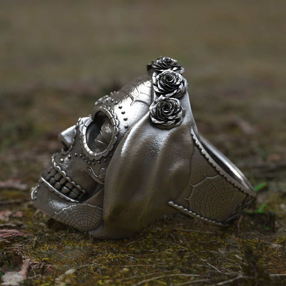 Goth Santa Muerte Ring Rose Crown Sugar Skull Stainless Steel