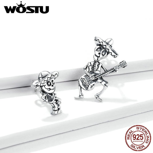 Wostu Oxidized silver Stud Earrings for Women Skull Man with Guitar Jewelry Gift