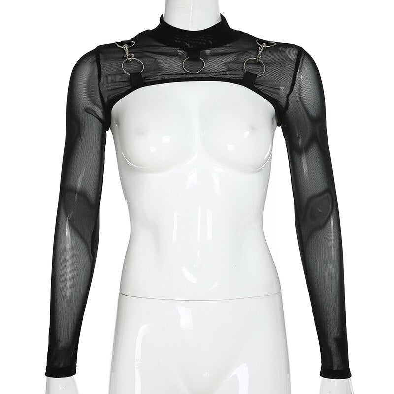 Goth Dark Mesh Vintage Gothic T-shirts Women Aesthetic Metal Ring