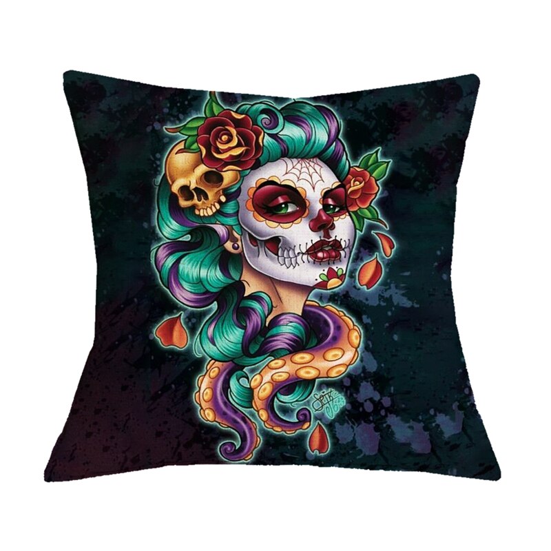 Floral Skull Print Throw Pillows for Couch Halloween Decorative Pillow Covers