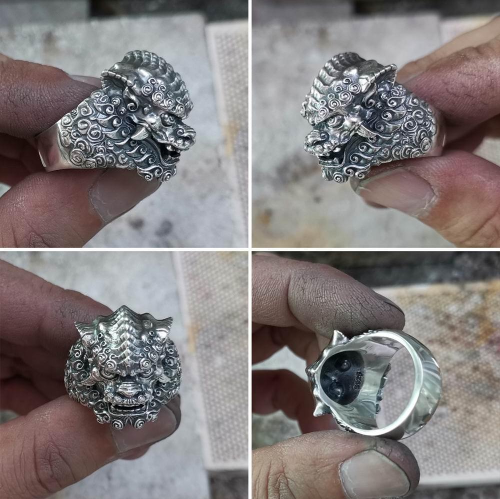 925 Sterling Silver Chinese Style Lion Ring Mens Biker Punk