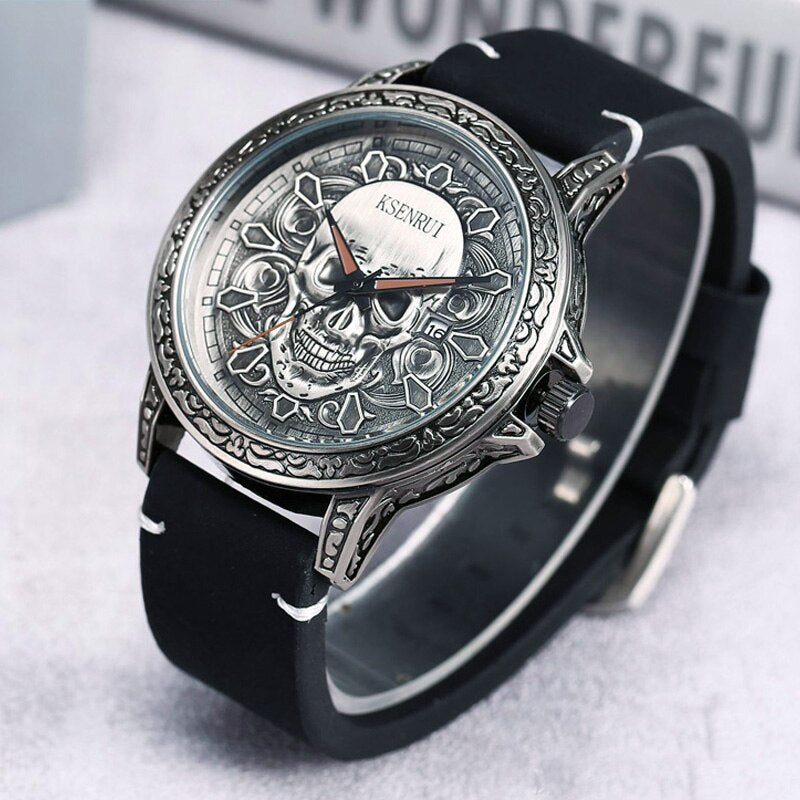 Fashion 3D SKULL Men Watches Luxury Retro Leather Casual Quartz Wrist Watches