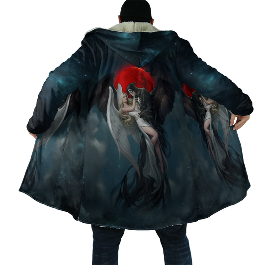 Winter Mens Cloak Gothic Reaper Skull Tattoo Fleece Hooded Cloak Coat Unisex Casual Thick Warm Cape coat, Halloween cloak coat