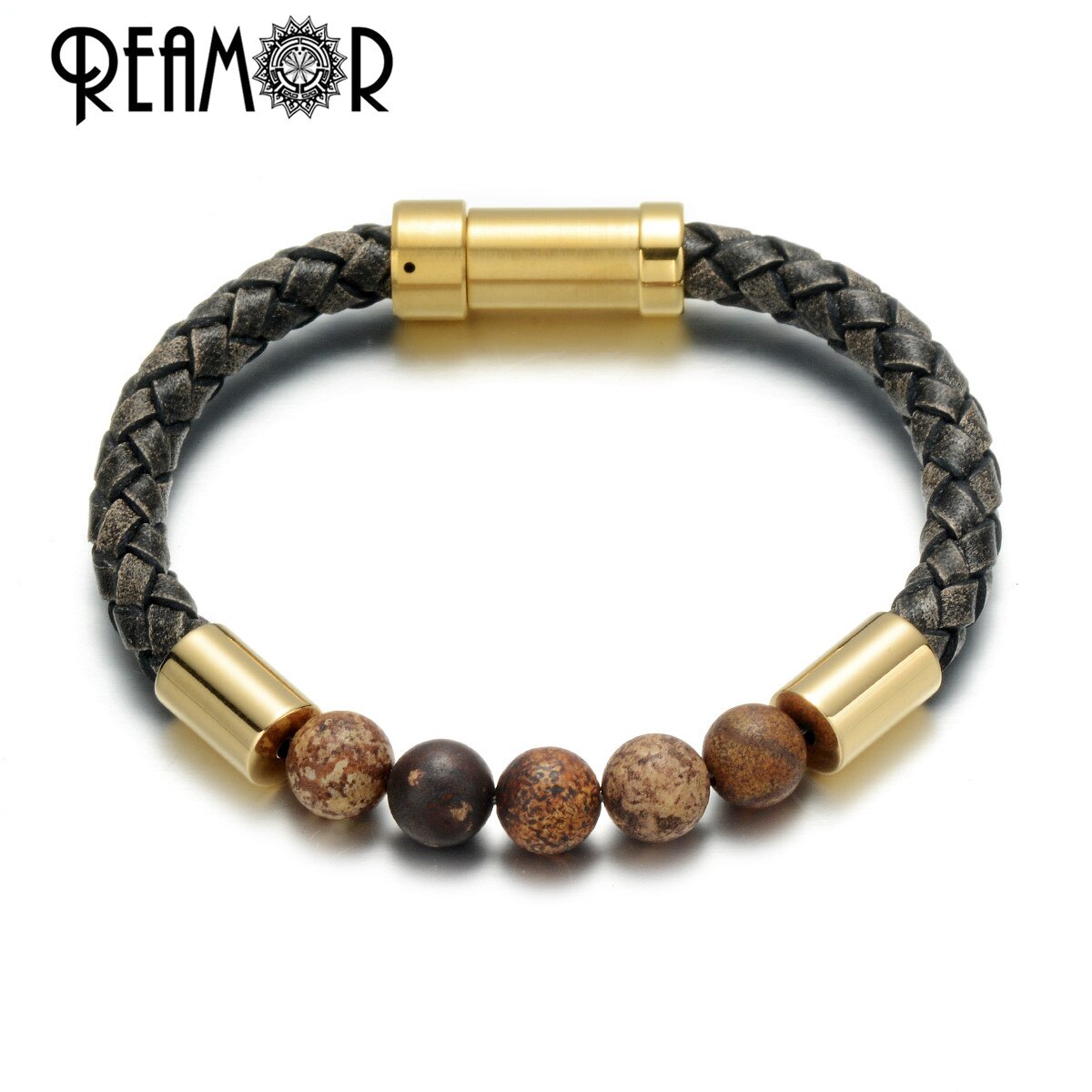 2019 Men Black Braided Leather Bracelets Natural Stone Bracelet