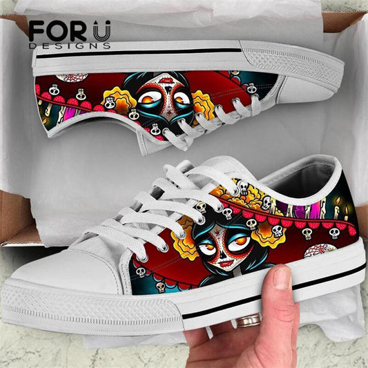 Cool Sugar Skull Pattern Women Casual Flats Shoes Lady Comfortable Canvas Shoes