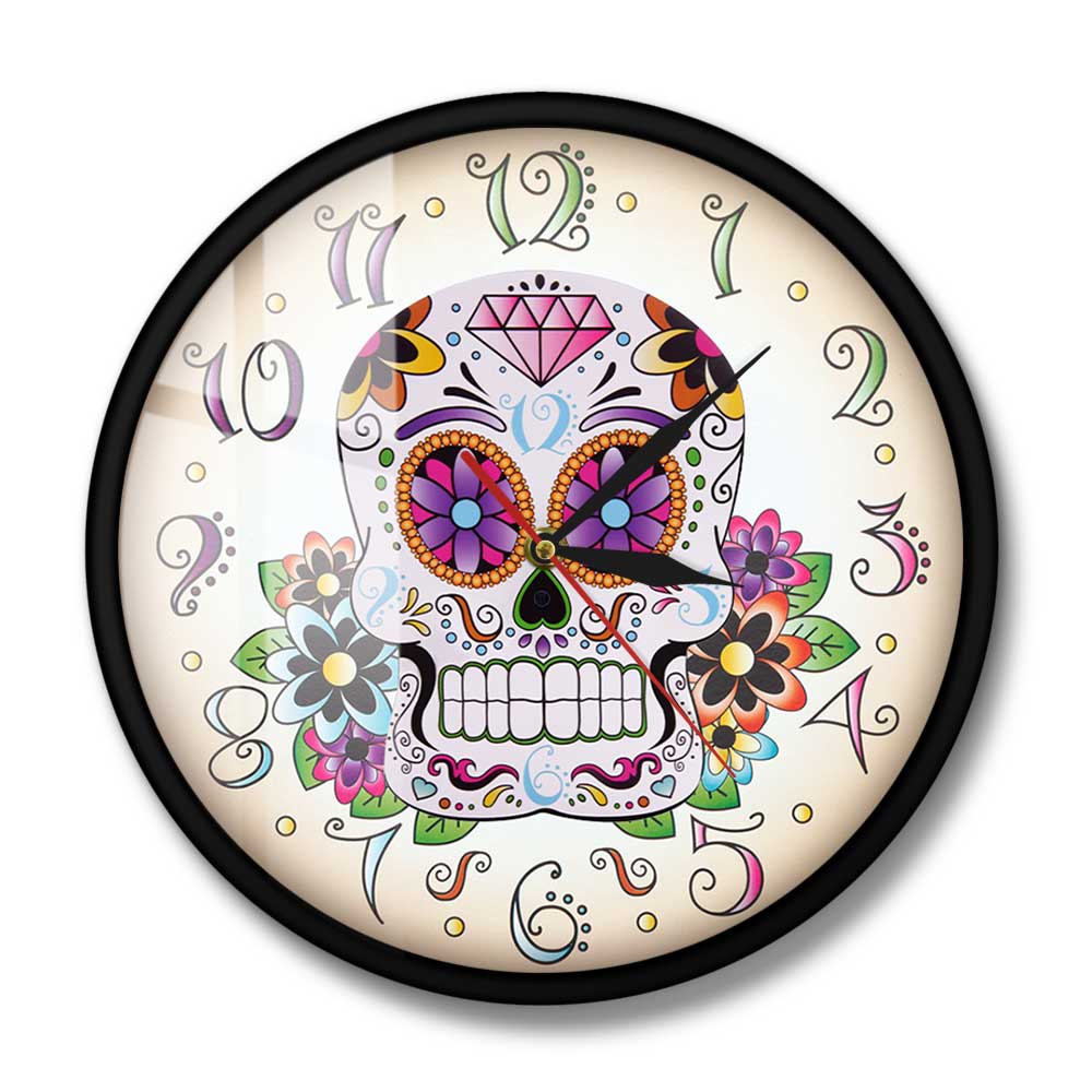 Day of the Dead Mexican Floral Skull Wall Clock Dia de Muertos Spanish Home Decor