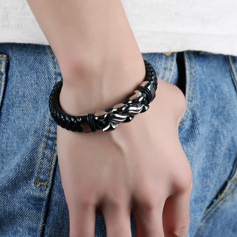 Fashion 2019 NEW Men Jewelry Black Leather Bracelet Stainless Steel