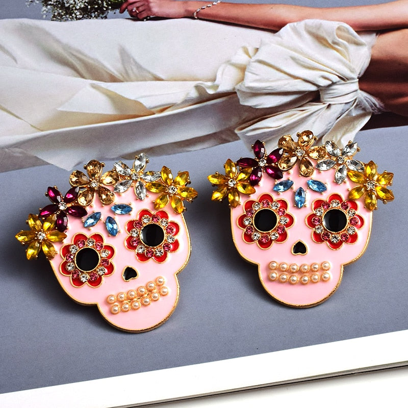 Luxury Metal Oil Colorful Crystal Skull Earrings High quality Rhinestone