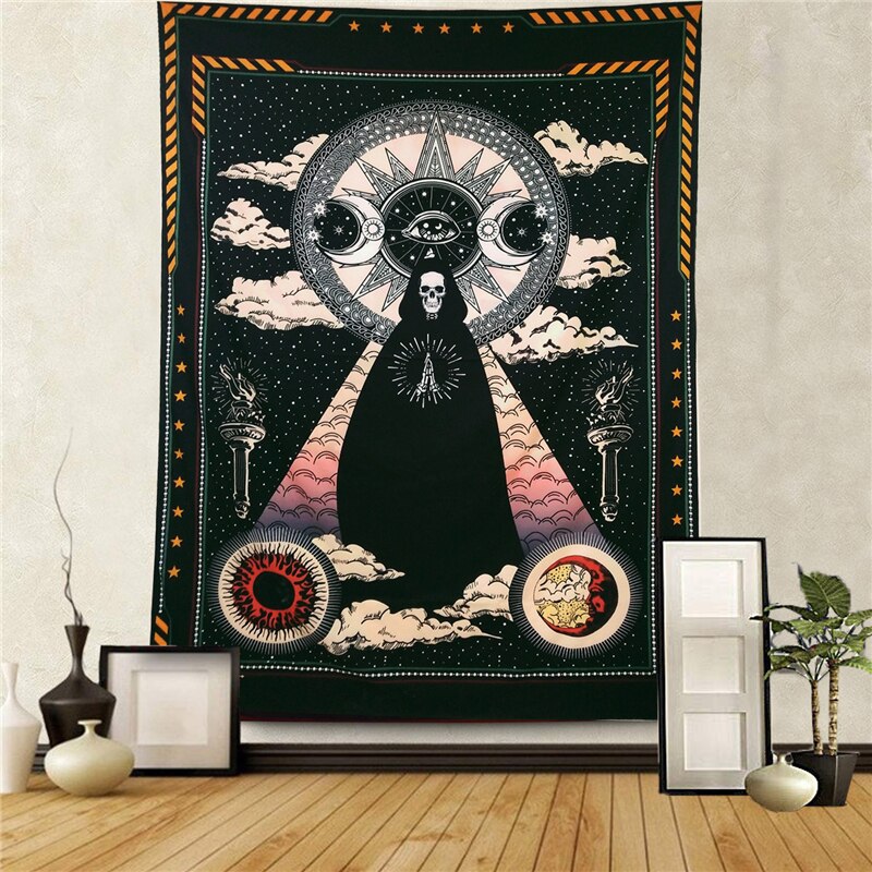 Skull King Meditating In Flowers Moon Tapestry Mandala Carpet