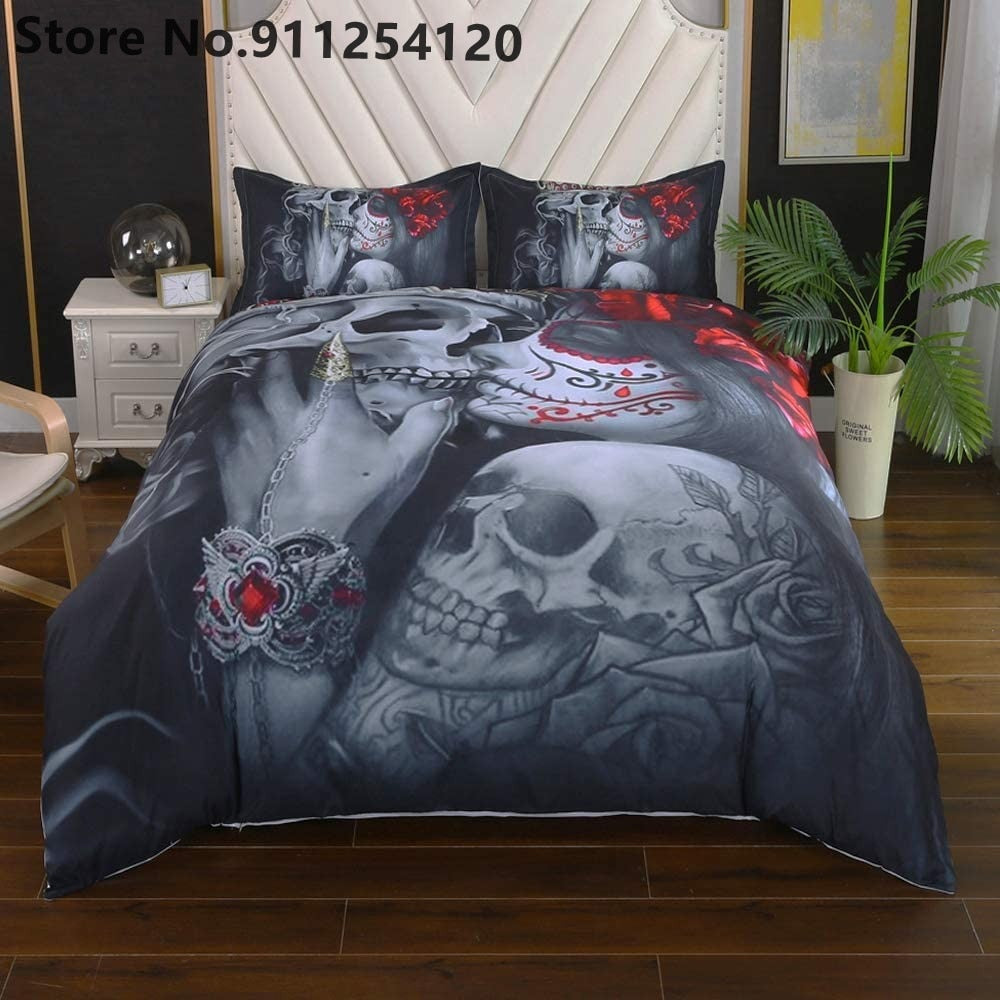 3D Dead Sugar Skull Duvet Cover Sets Girl Kissing Skull Bed Cover