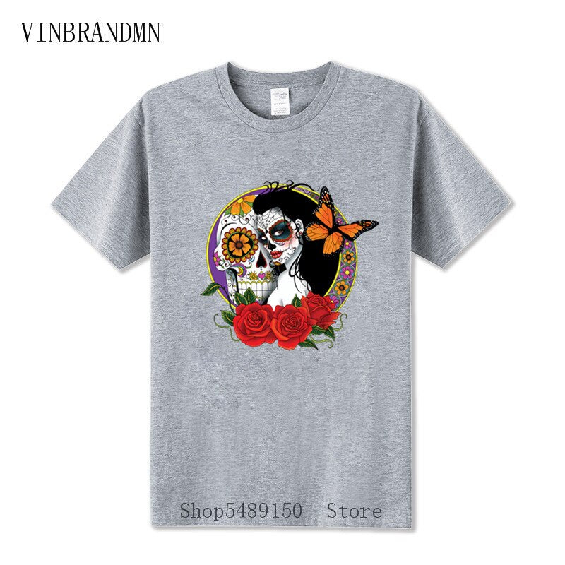 Strange Day Of The Dead T Shirt Sugar Skull Girl With Rose Tattoo T-Shirt Cool Fashion Summer Clothes For Men Boys Horror Tshirt