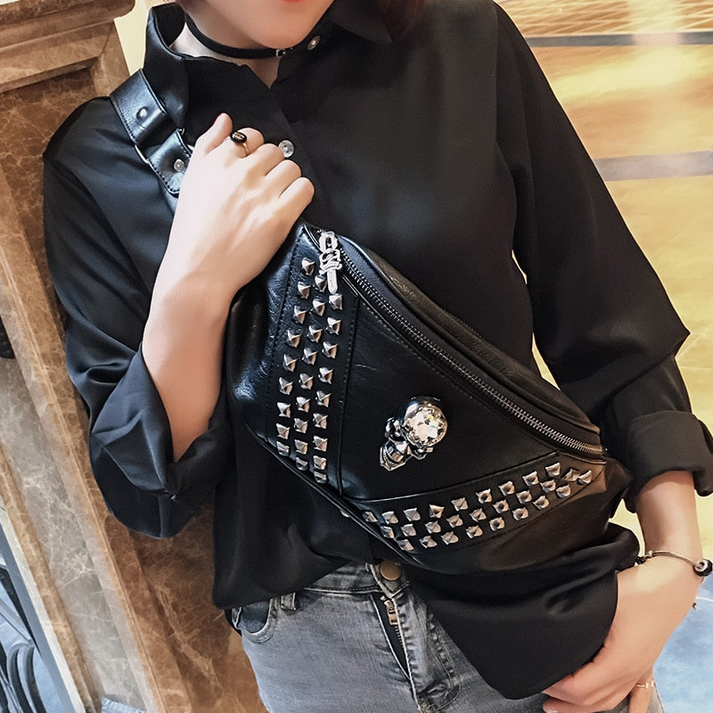 Skeleton gothic skull Punk Rivet Skull Men Waist Bag Women Black Fanny Pack Leather Chest Bags Female Shoulder Messenger Bag Bum Bags
