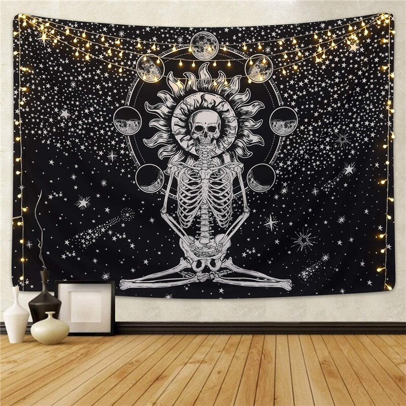 Skull King Meditating In Flowers Moon Tapestry Mandala Carpet