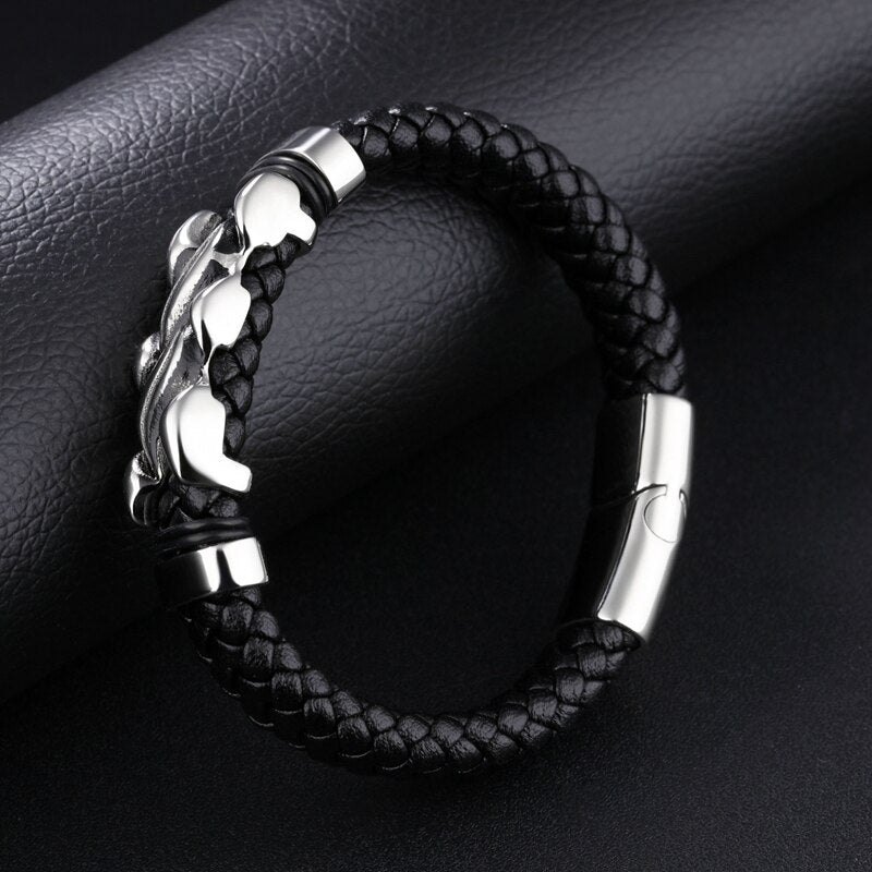 Fashion 2019 NEW Men Jewelry Black Leather Bracelet Stainless Steel