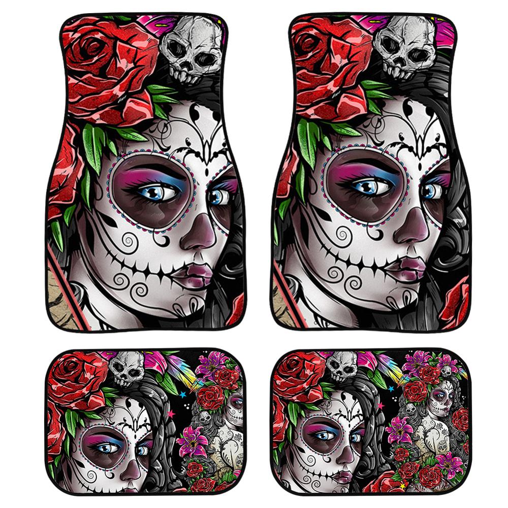 4pcs/Set Day Of The Dead Skull Gothic Car Floor Mats for Women Girls
