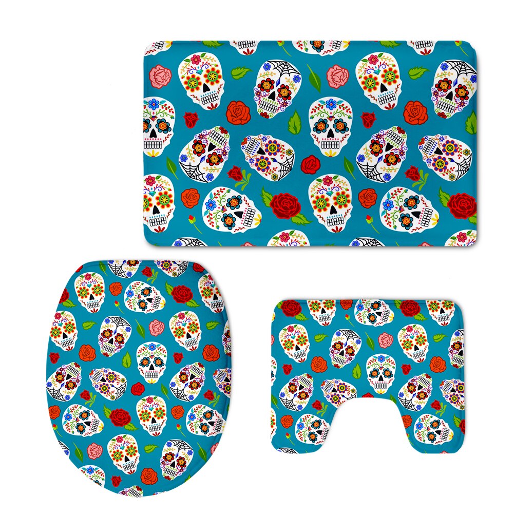 Sugar Skulls Bathroom Seat Cover Set Halloween Skull Design Toilet Carpet Cover
