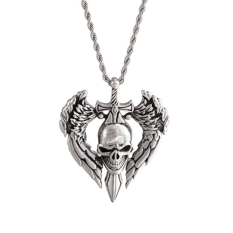 Punk Retro Skull Sword Wings Pendant Domineer Personality Men Titanium Steel Jewelry