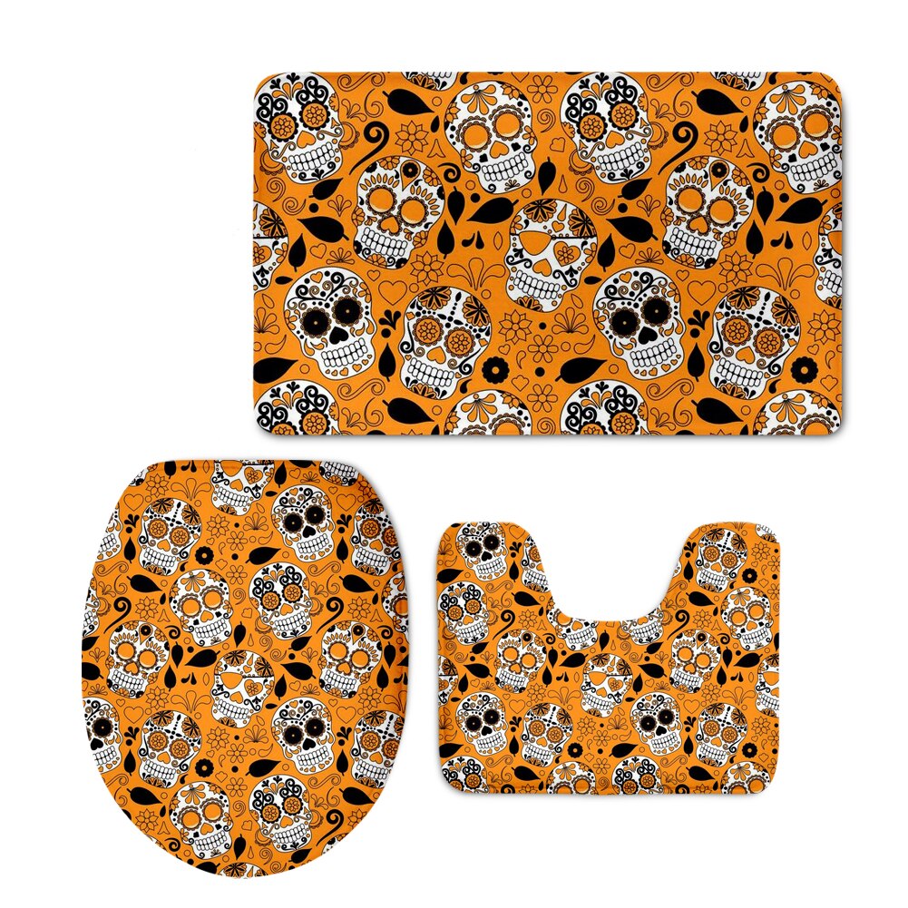 Sugar Skulls Bathroom Seat Cover Set Halloween Skull Design Toilet Carpet Cover