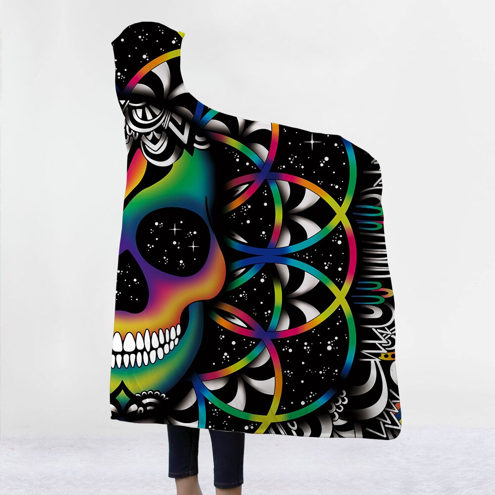 Fashion Sugar Skull Flower Hooded Blanket for Adults Floral Gothic