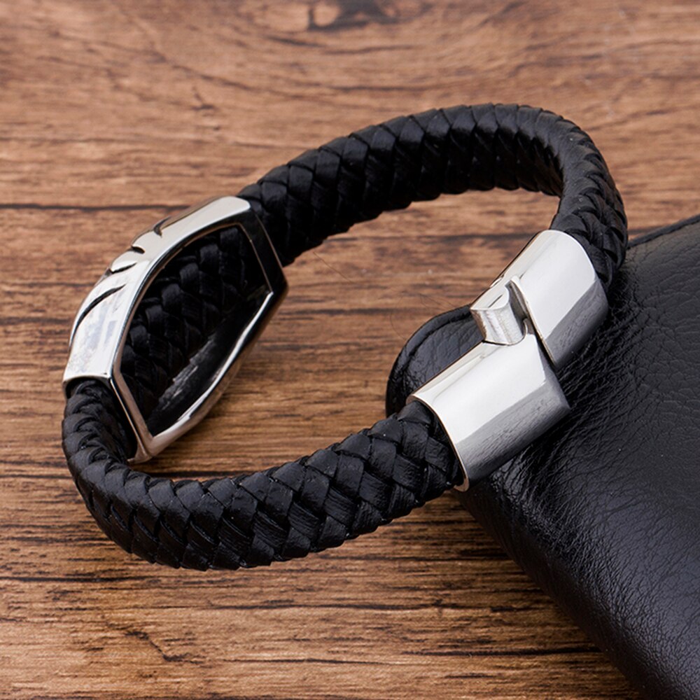 Fashion Charm Stainless Steel Magnetic Black Genuine Leather Braided