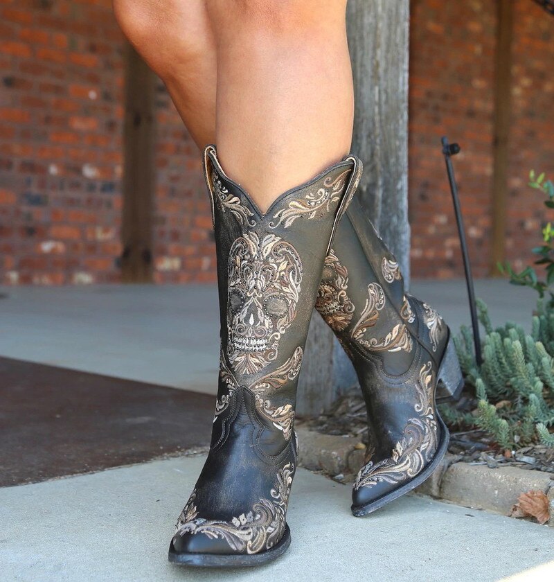 Women boots skull shoes woman autumn vintage embroidery shoe