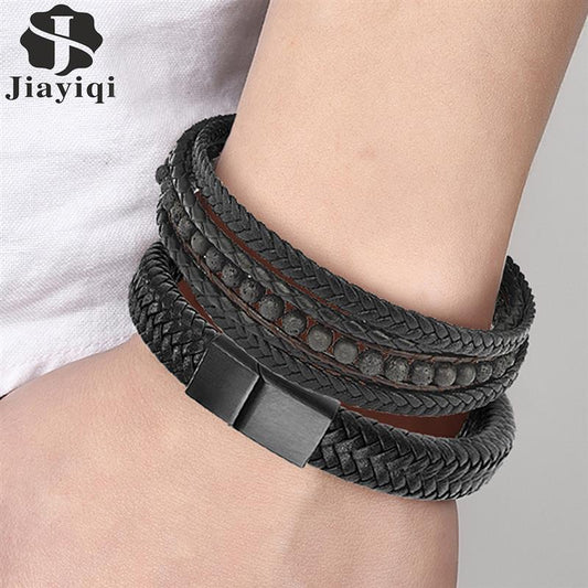 2pcs/set Black Leather Bracelets Men Natural Stone Beaded Stainless Steel