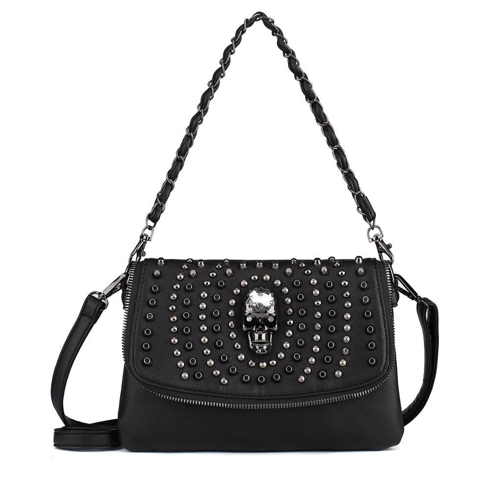 Gothic skull Designer Women Shoulder Bag Black Medium Size Crossbody Bag Punk Stud Skull Handbag Purse with Chain Zipper Female Bag