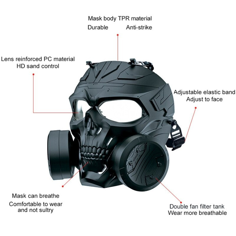 Outdoor Sports Full-covered Gas Mask Helmet Men Women PC Lens Adjustable Shock Resistance Sportswear For CS With Double Fans