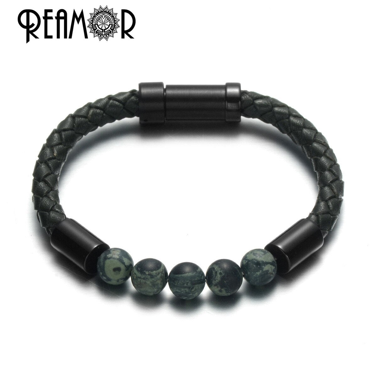 2019 Men Black Braided Leather Bracelets Natural Stone Bracelet