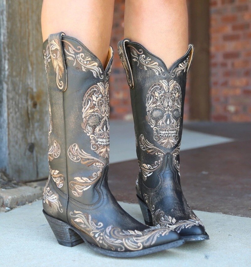 Women boots skull shoes woman autumn vintage embroidery shoe
