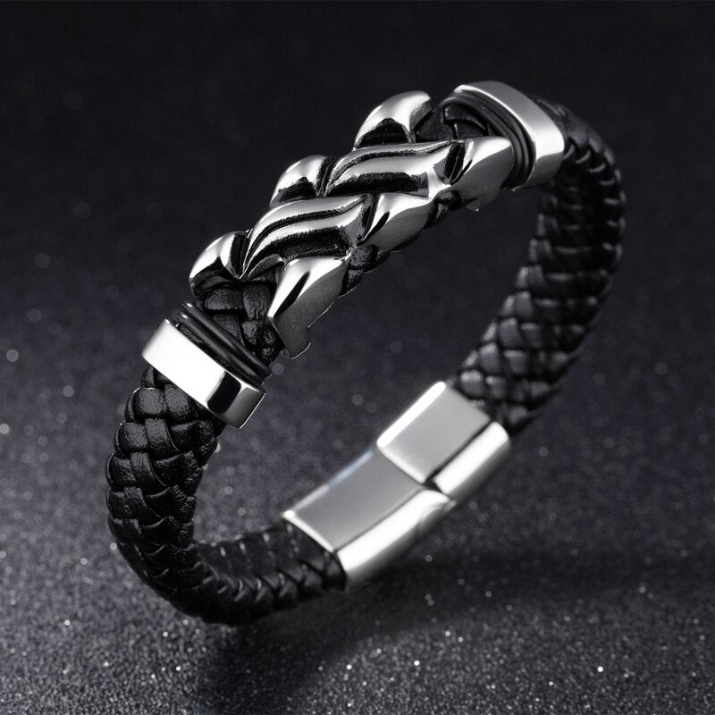 Fashion 2019 NEW Men Jewelry Black Leather Bracelet Stainless Steel