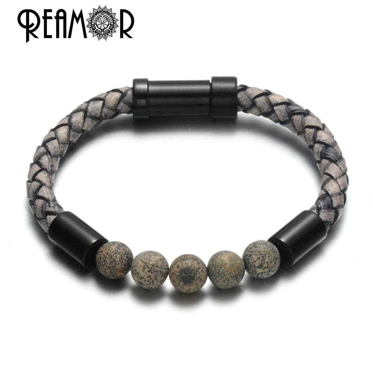 2019 Men Black Braided Leather Bracelets Natural Stone Bracelet
