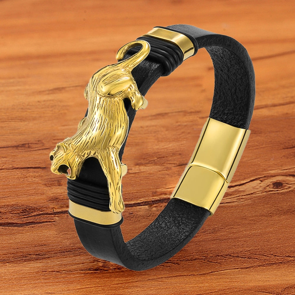 Handmade Braided Chain Leather Man Bracelets Leopard Anymal