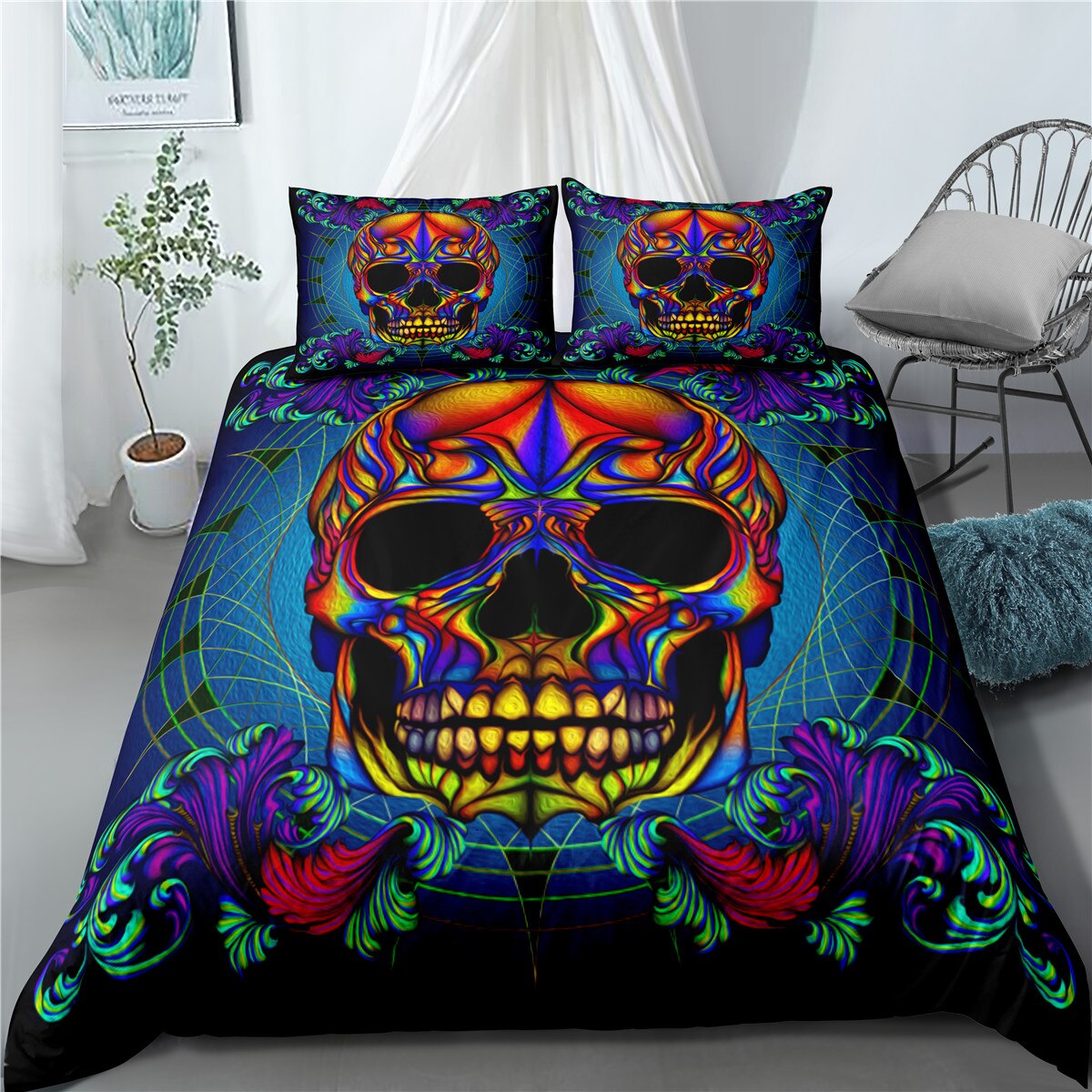 Sugar Skull Bedding Set Queen Size Flower Skull Bed Linen Double Duvet Cover
