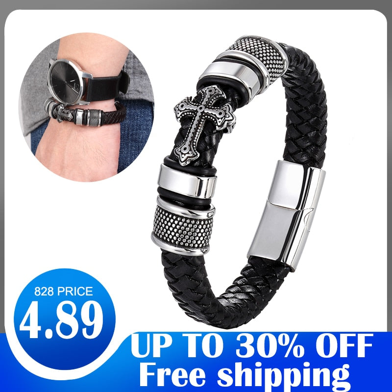 Fashion Punk Genuine Leather Man Cross Bracelet High Quality