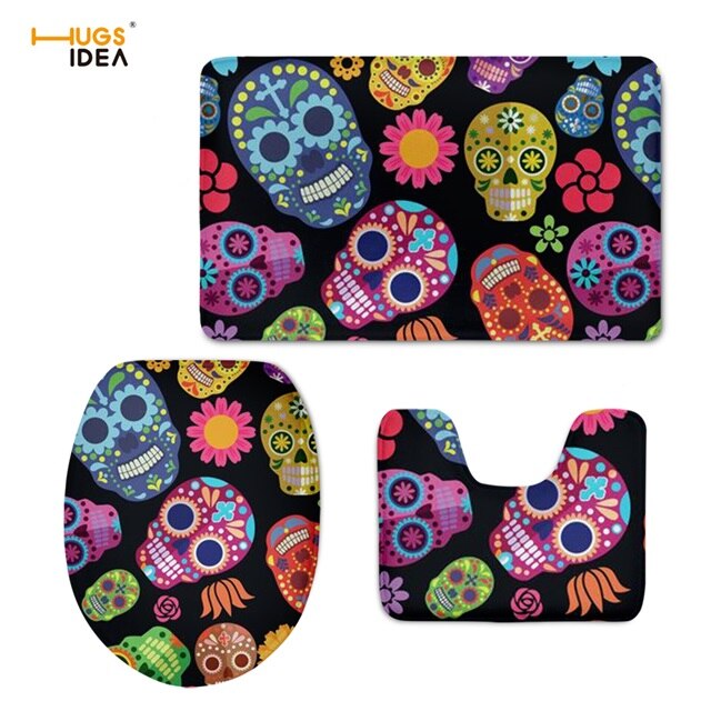 Sugar Skulls Bathroom Seat Cover Set Halloween Skull Design Toilet Carpet Cover