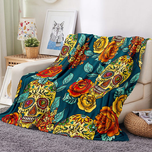 Floral Skull Flannel Blanket Super Soft Plush Sofa Couch Bed Office Travel