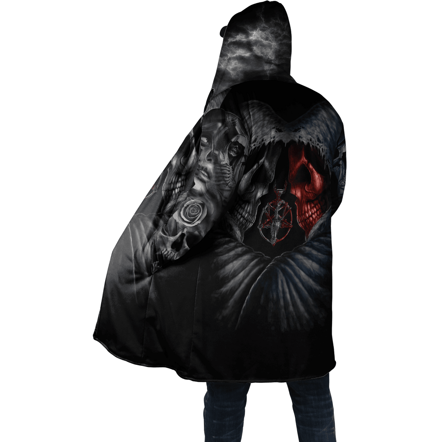 Winter Mens Cloak Fire Reaper Skull Tattoo 3D full Printing Fleece Hooded cloak Coat Unisex Casual Thick Warm Cape coat