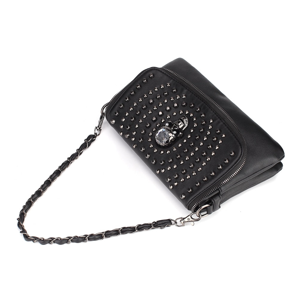 Gothic skull Designer Women Shoulder Bag Black Medium Size Crossbody Bag Punk Stud Skull Handbag Purse with Chain Zipper Female Bag