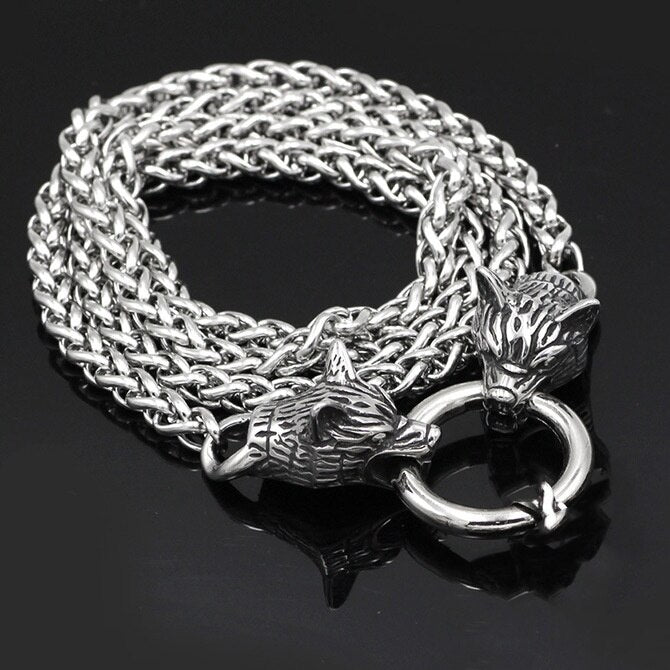 Nordic Viking men's stainless steel necklace wolf head chain