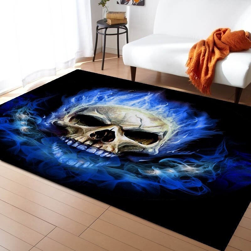 Flame Skull Gothic Rectangular Carpets blue flame Anti slip Decorative Floor Mat