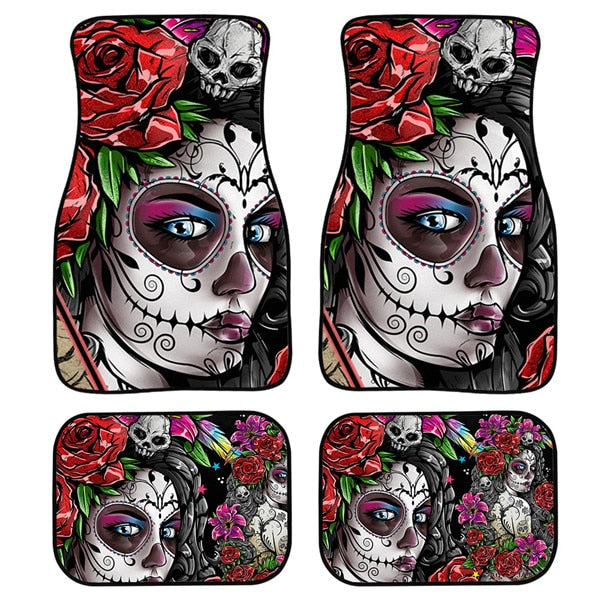 4pcs/Set Day Of The Dead Skull Gothic Car Floor Mats for Women Girls