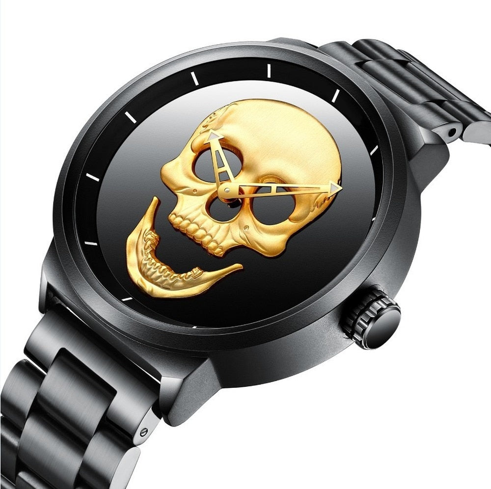 AISHY Fashion Men's Waterproof Stainless Steel Belt Skull Head Leather Copy Watch Ghost Head Male Wristwatches Reloj Hombre