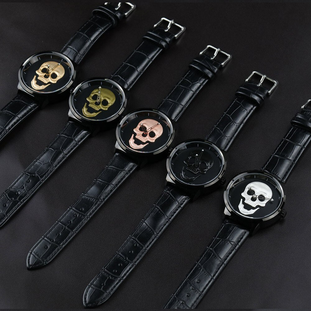 AISHY Fashion Men's Waterproof Stainless Steel Belt Skull Head Leather Copy Watch Ghost Head Male Wristwatches Reloj Hombre