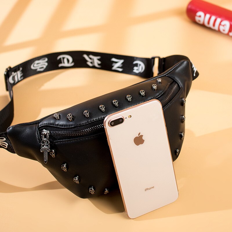 Gothic skull Waist Bag For Men Pu Leather Fanny Pack Punk Skull Rivet Chest Bags Unisex Hip Bum Bag Tide Shoulder Messenger Bags