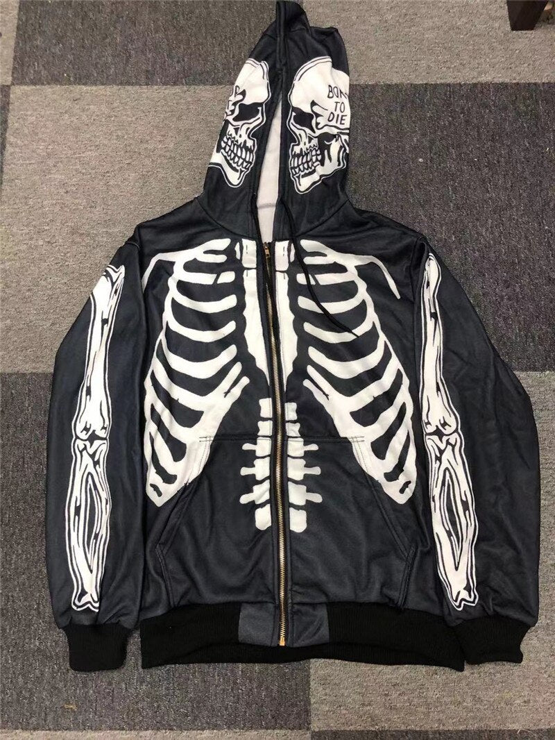 Fashion Street Zip Up Cardigan Hoodies Skull Streetwear Sweatshirts Hip Hop Skeleton, Halloween costume, skeleton sweatshirt hoodie