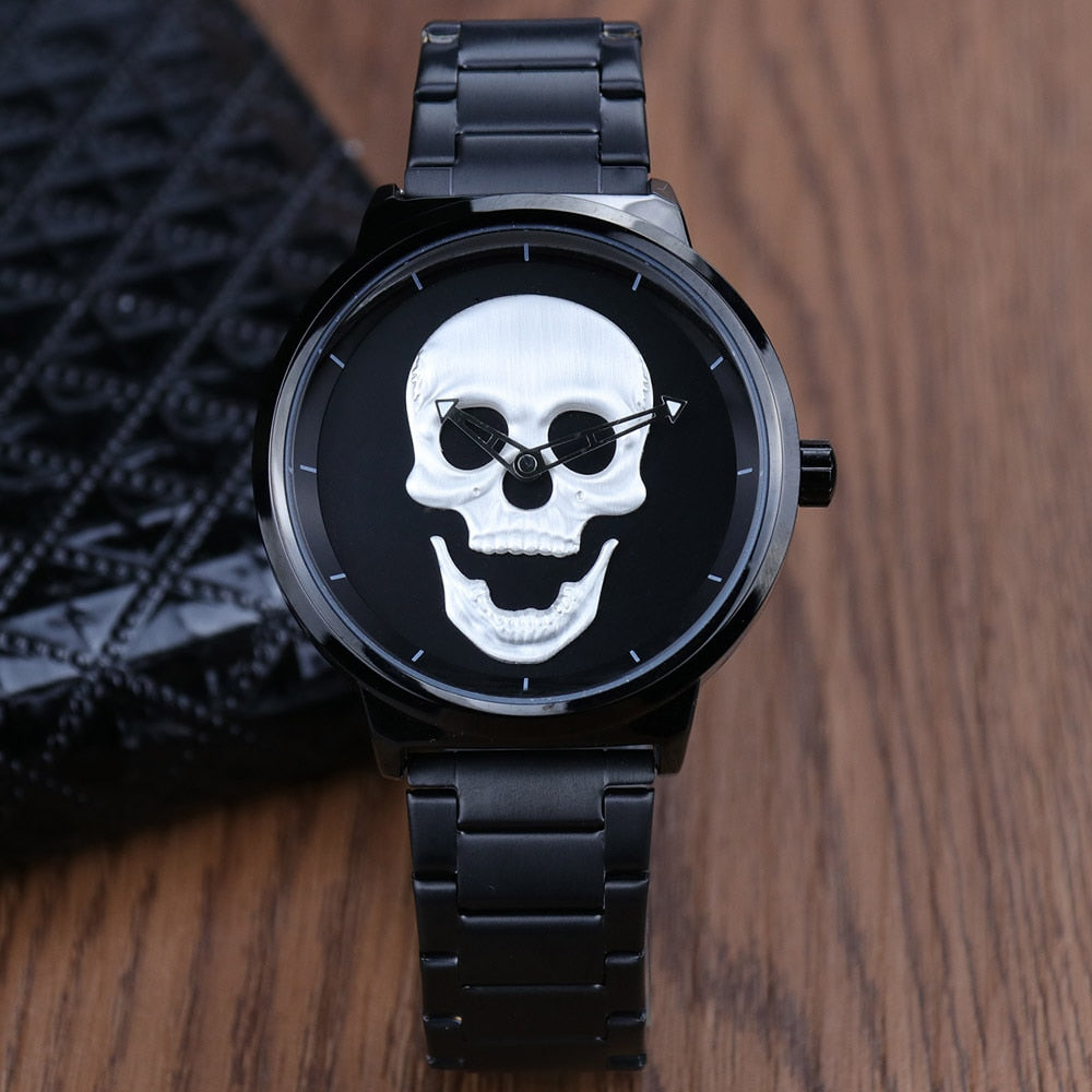 AISHY Fashion Men's Waterproof Stainless Steel Belt Skull Head Leather Copy Watch Ghost Head Male Wristwatches Reloj Hombre