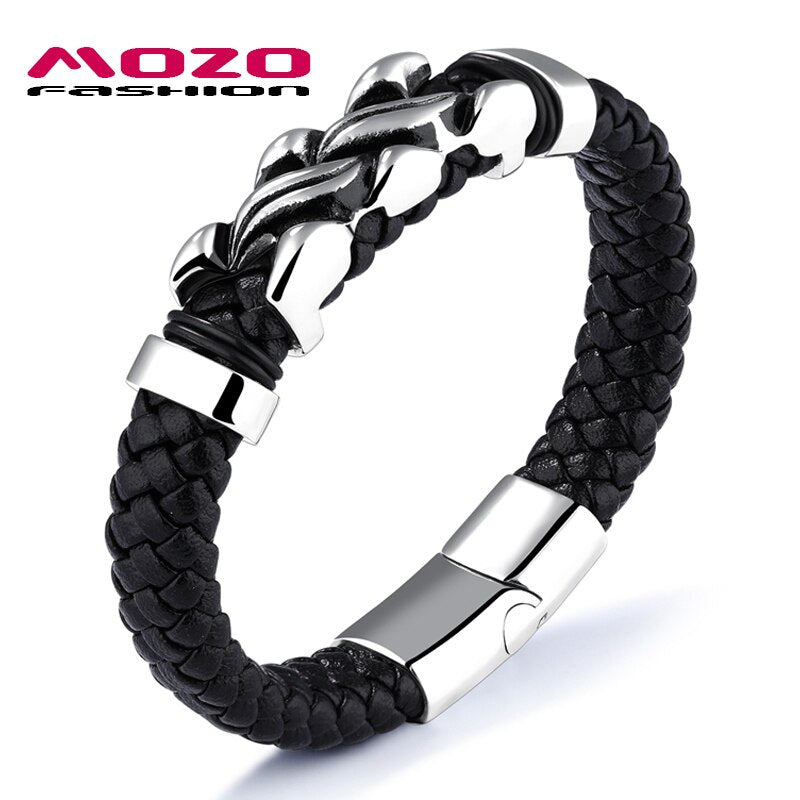 Fashion 2019 NEW Men Jewelry Black Leather Bracelet Stainless Steel
