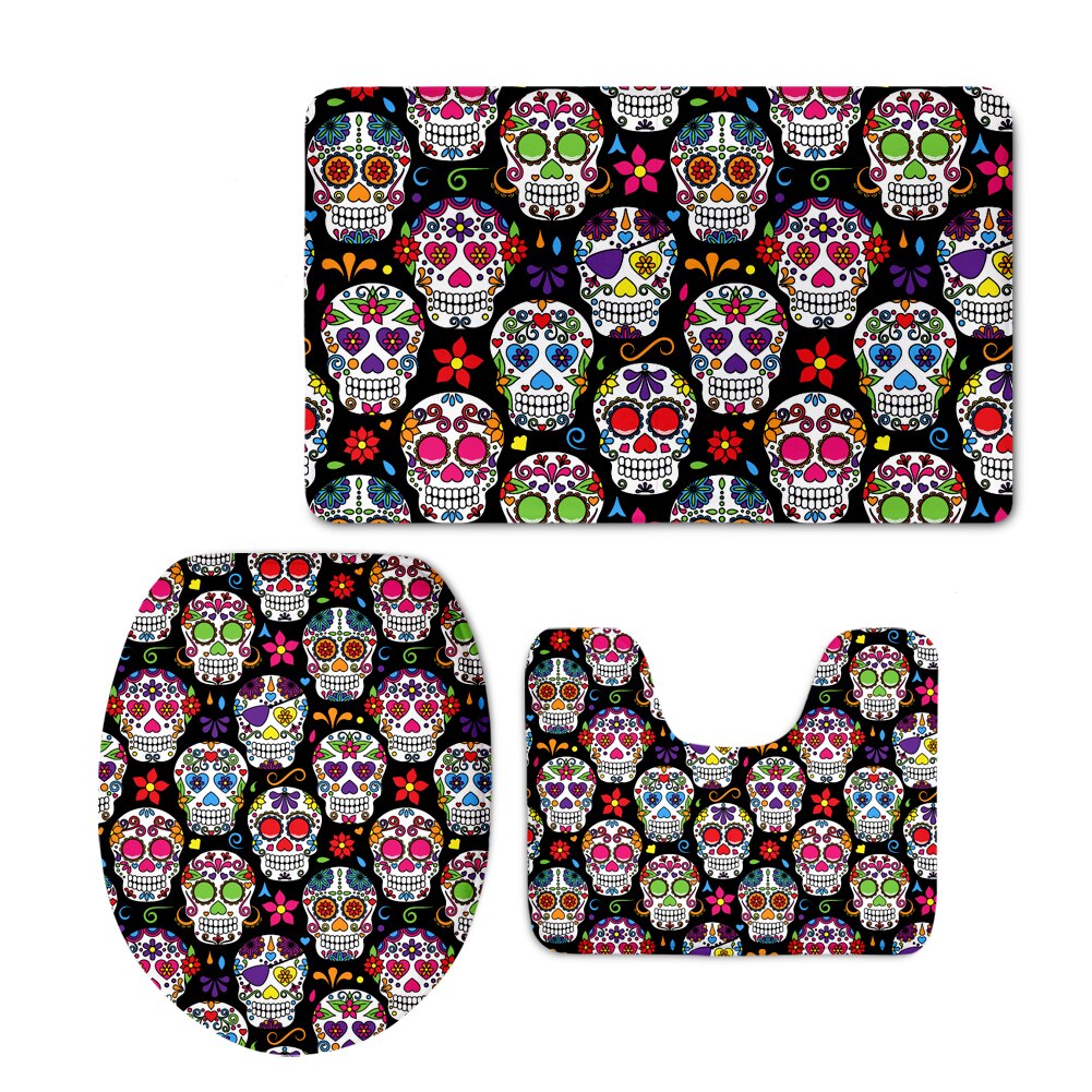 Sugar Skulls Bathroom Seat Cover Set Halloween Skull Design Toilet Carpet Cover